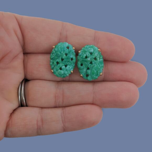 VTG Van Dell Brooch & Earrings GF Gold Filled Faux Jade Green Peking Glass - Picture 5 of 7